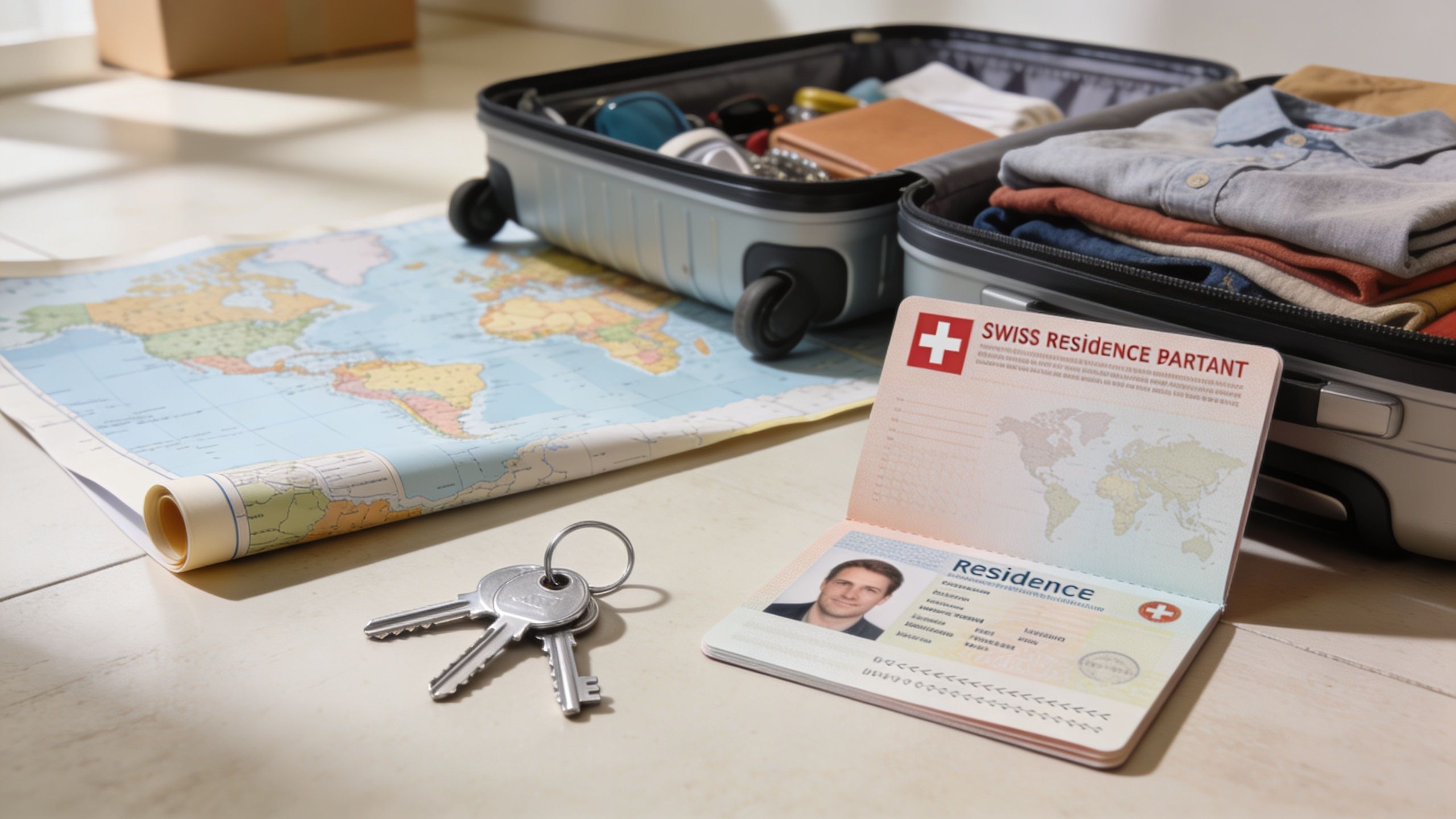 Ein offener Koffer, ein Reiseführer, Schlüssel und ein Schweizer Aufenthaltstitel liegen bereit für den Umzug ins Ausland.