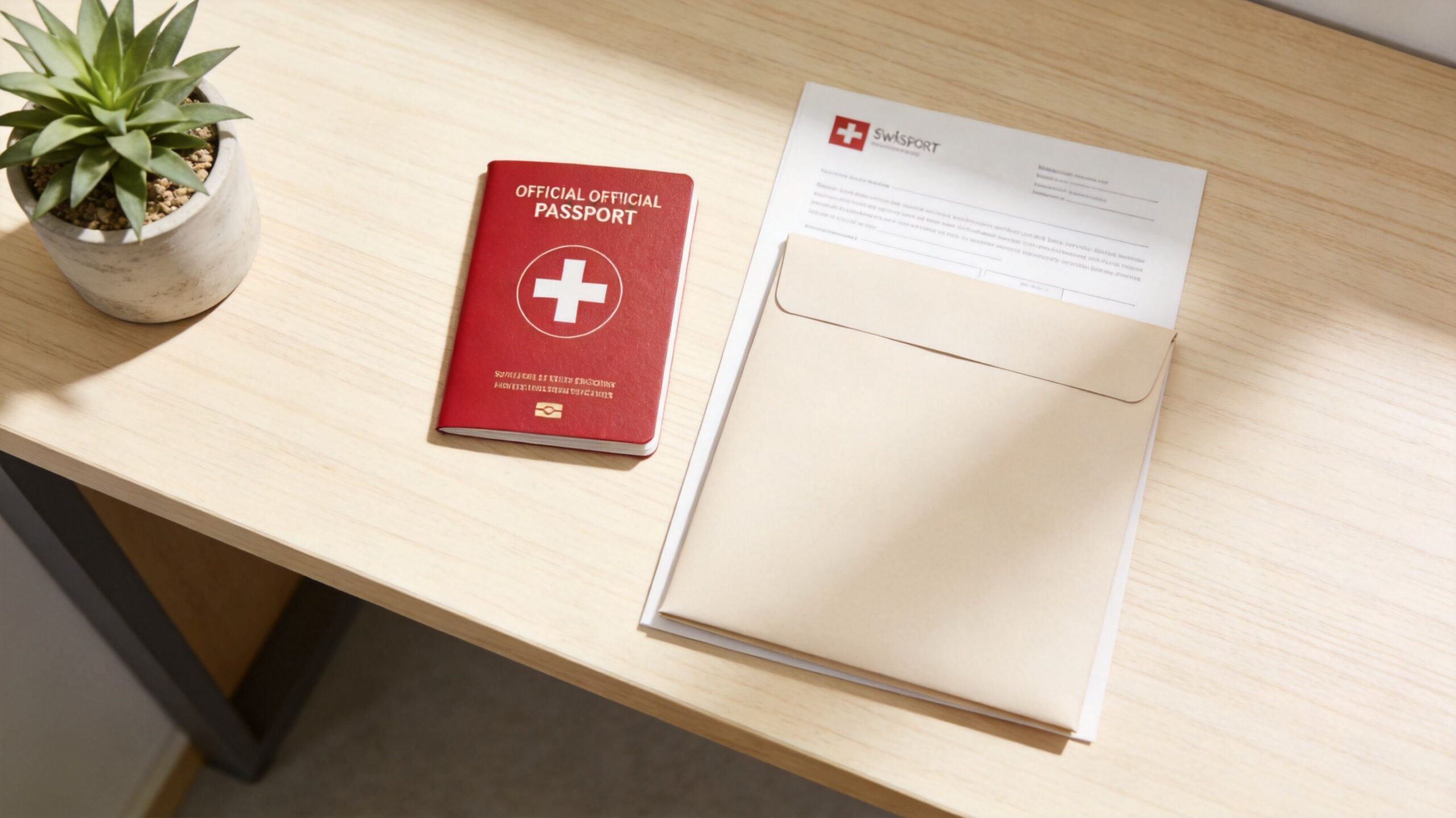 Ein offizieller Schweizer Reisepass liegt neben einem offiziellen Dokument und einem Briefumschlag auf einem Schreibtisch.