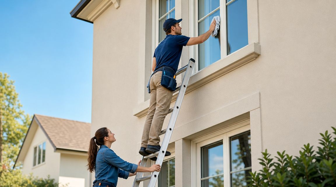 Eine Frau hält eine Leiter fest, während ein Mann auf der Leiter ein Fenster reinigt.
