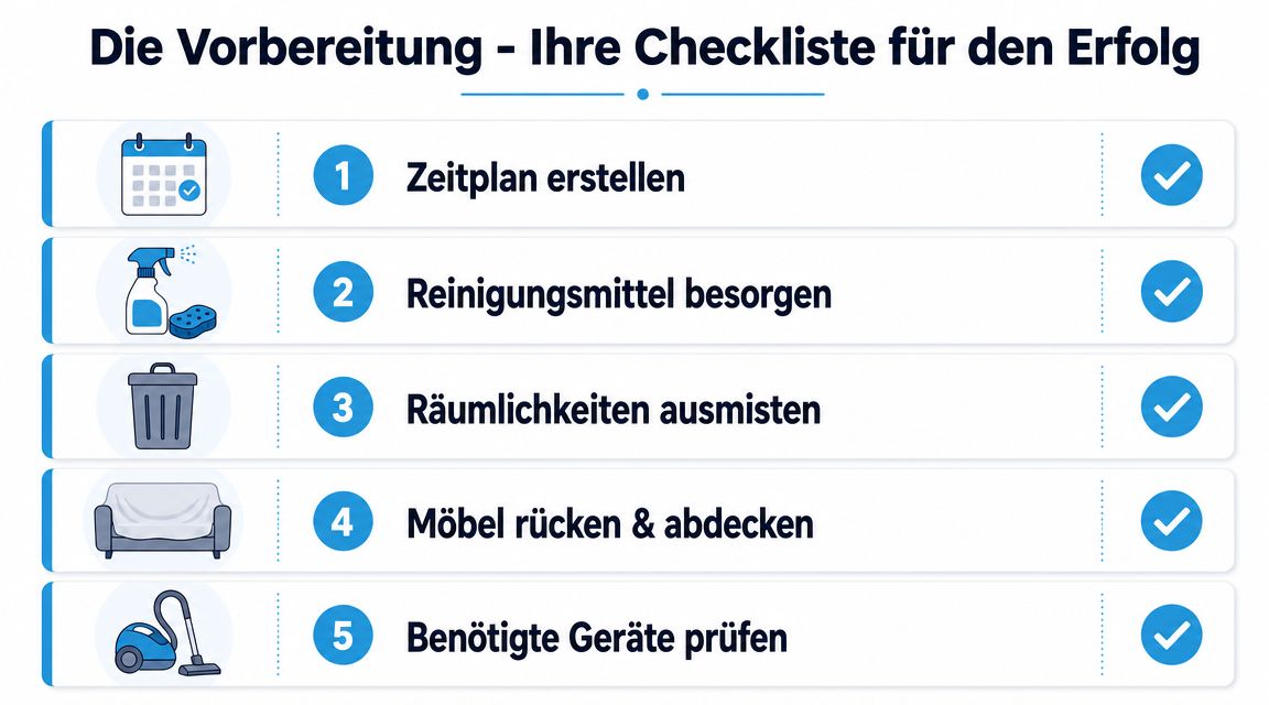 Eine Checkliste für die erfolgreiche Vorbereitung einer Wohnungsreinigung mit fünf Schritten in deutscher Sprache.