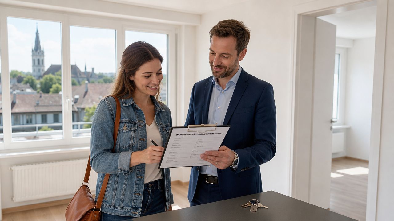 Eine Frau unterschreibt ein Wohnungsübergabeprotokoll, während ein Immobilienmakler ihr freundlich in einer leeren Wohnung zur Seite steht.