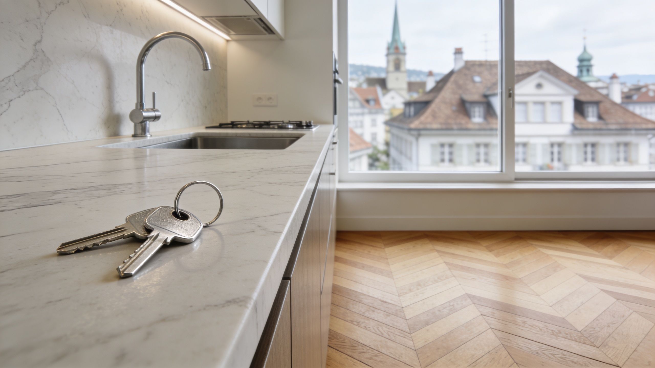 Ein Schlüsselbund liegt auf der sauberen Küchenarbeitsplatte einer modernen Zürcher Wohnung mit Blick auf die Stadt.