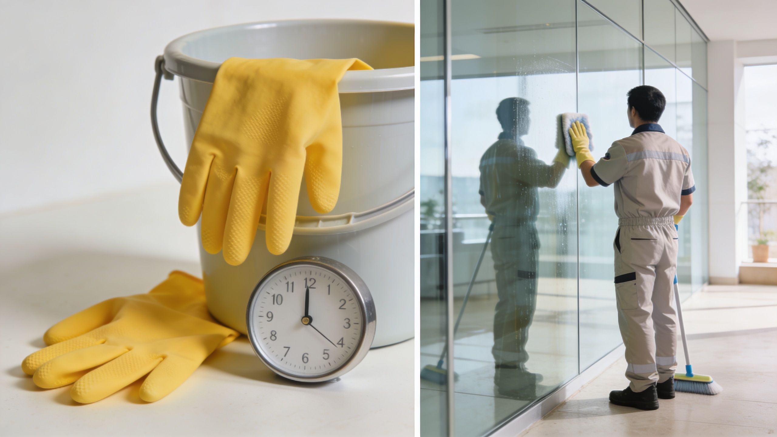 Ein Reinigungsprofi reinigt eine Glaswand, begleitet von einem Eimer, gelben Handschuhen und einer Uhr im Vordergrund.
