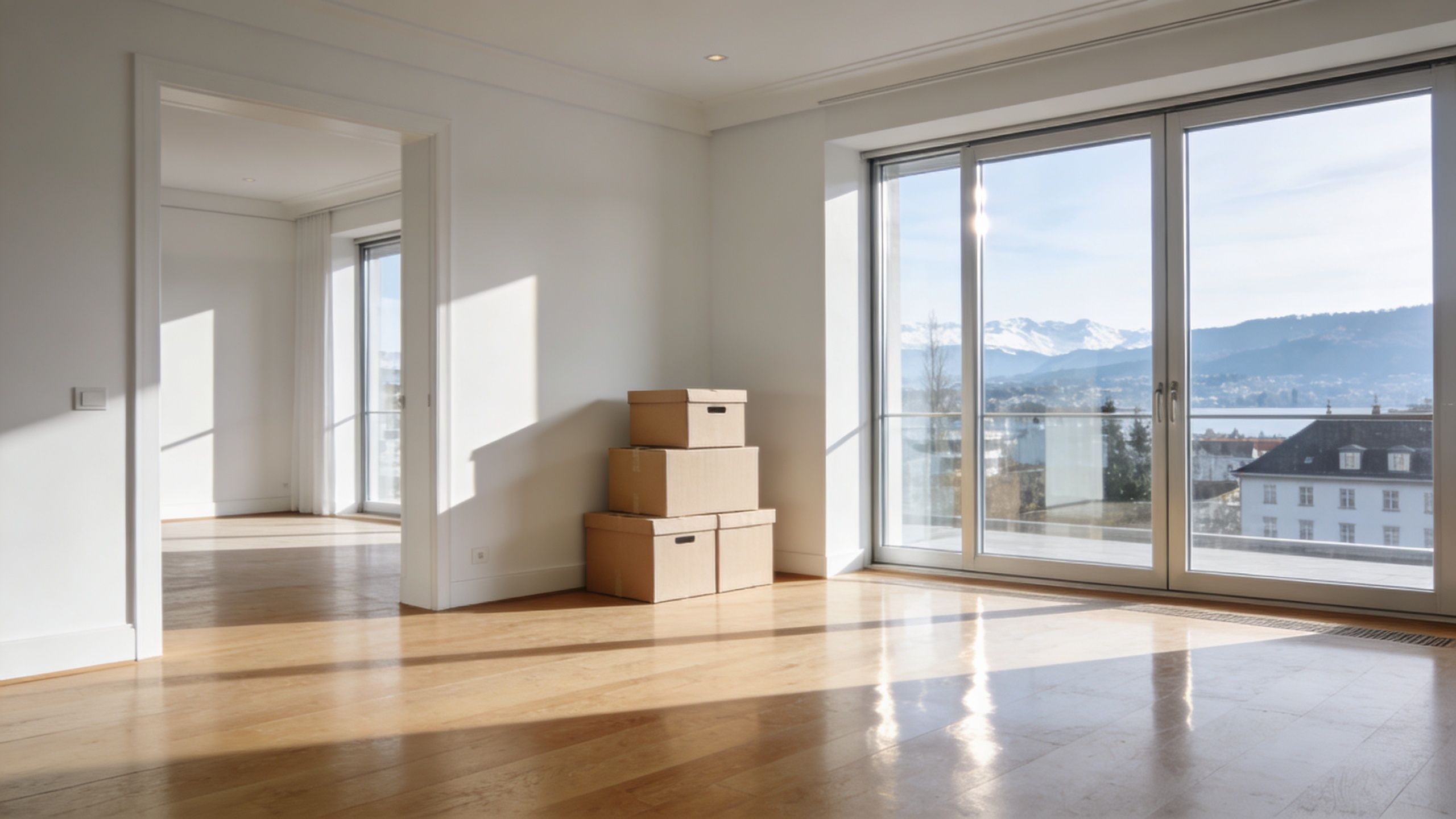 Ein sonnendurchflutetes, leeres Zimmer mit Holzboden und Umzugskartons sowie Blick auf die Alpen durch ein großes Fenster.
