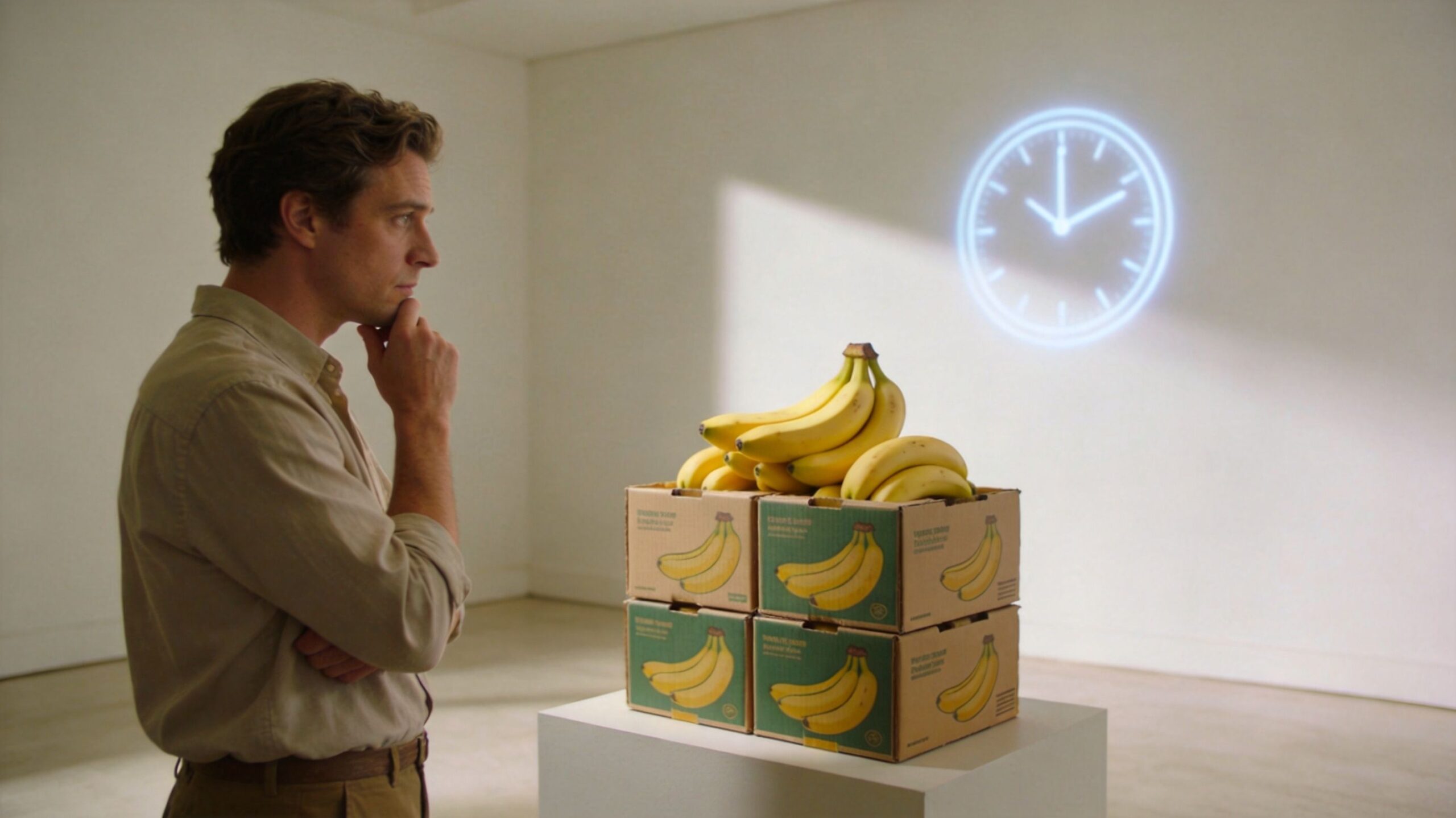 Ein Mann betrachtet nachdenklich einen Stapel Bananenkartons mit einer projizierten Uhr an der weißen Wand im Hintergrund.