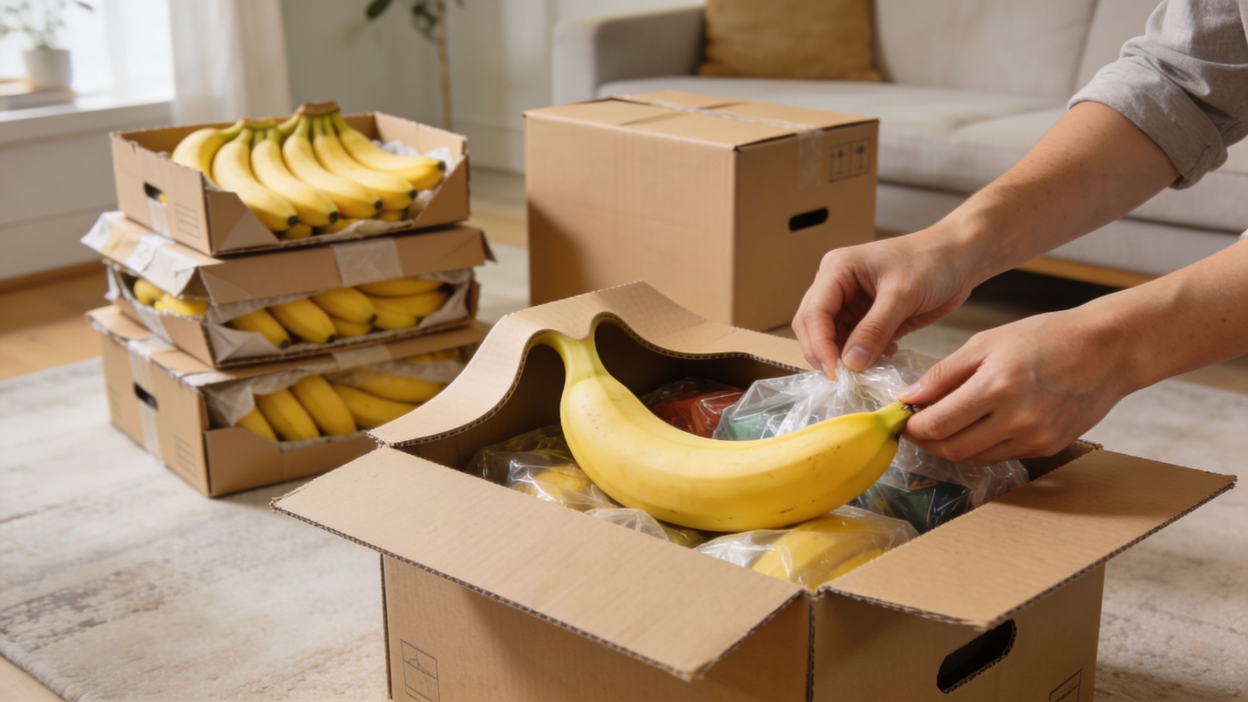 Eine Person packt Bananen in Umzugskartons, während weitere Kisten mit Bananen im Hintergrund auf dem Boden stehen.