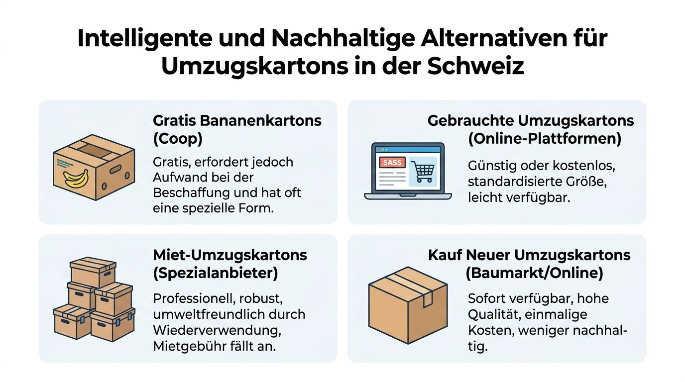 Übersicht über intelligente und nachhaltige Alternativen für Umzugskartons in der Schweiz, von Gratis-Optionen bis zu Mietboxen.