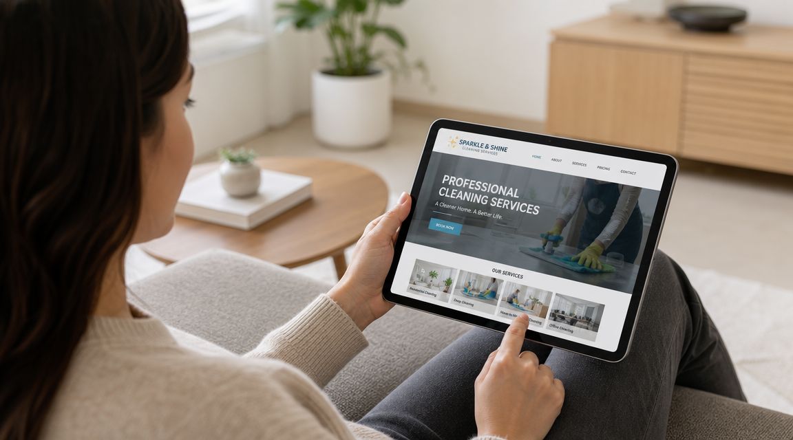 Eine Frau betrachtet eine Website über professionelle Reinigungsdienste auf ihrem Tablet, während sie entspannt auf einem Sofa sitzt.