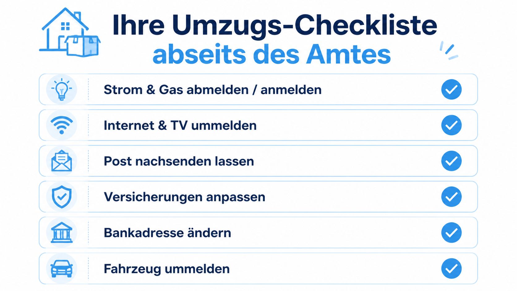 Eine Checkliste für den Umzug abseits des Amtes mit verschiedenen wichtigen Erledigungen in einer grafischen Übersicht.