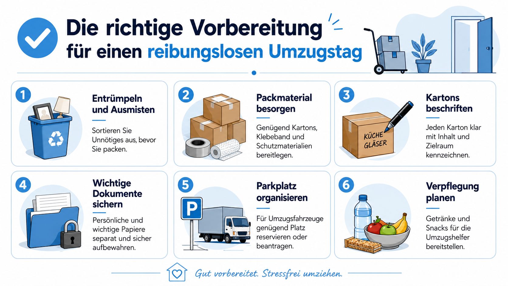 Eine Infografik mit sechs wichtigen Tipps für eine stressfreie Vorbereitung auf einen reibungslosen Umzugstag.