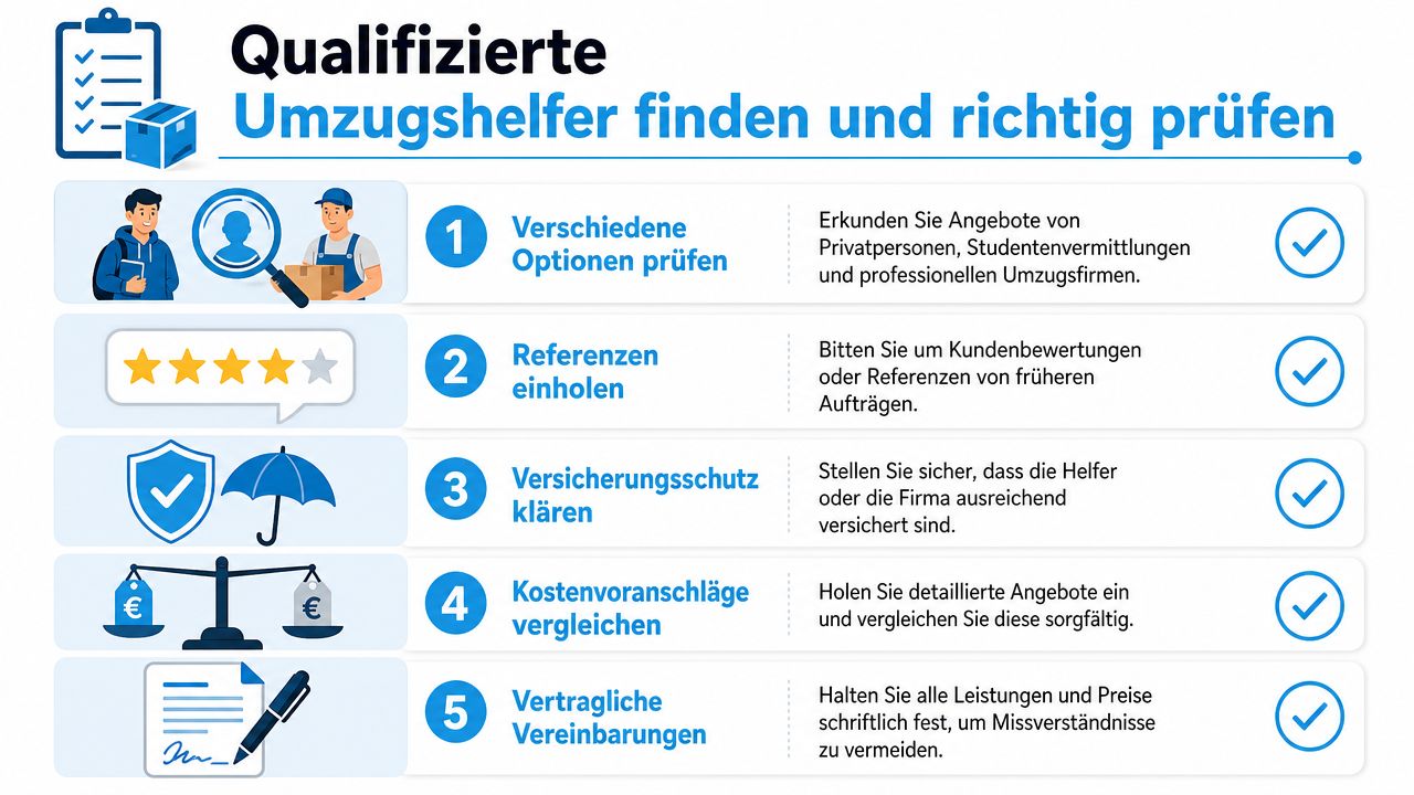 Eine Infografik mit fünf Schritten, um qualifizierte Umzugshelfer zu finden und diese richtig zu überprüfen.