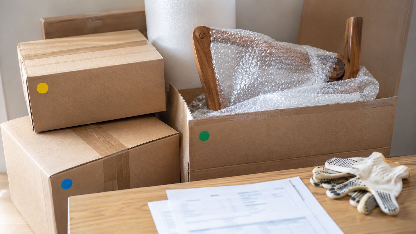 Verschiedene Umzugskartons, verpackte Möbel und Arbeitshandschuhe bereit für einen internationalen Umzug in einer Wohnung.