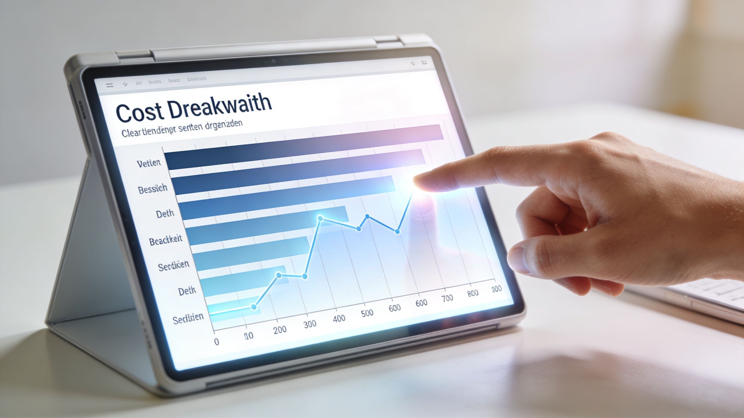 Eine Hand zeigt auf eine Grafik mit Kostendaten auf einem Tablet-Bildschirm zur Analyse von Umzugskosten.