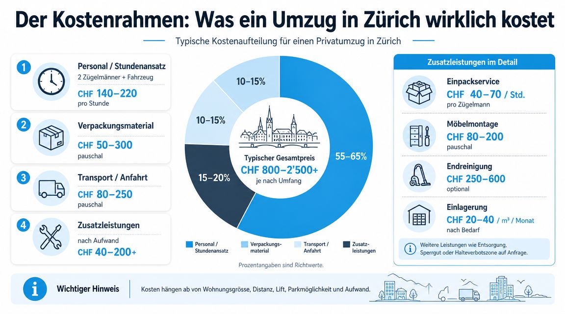 Infografik über die typischen Kosten für einen Privatumzug in Zürich mit Aufschlüsselung der verschiedenen Preisbestandteile.