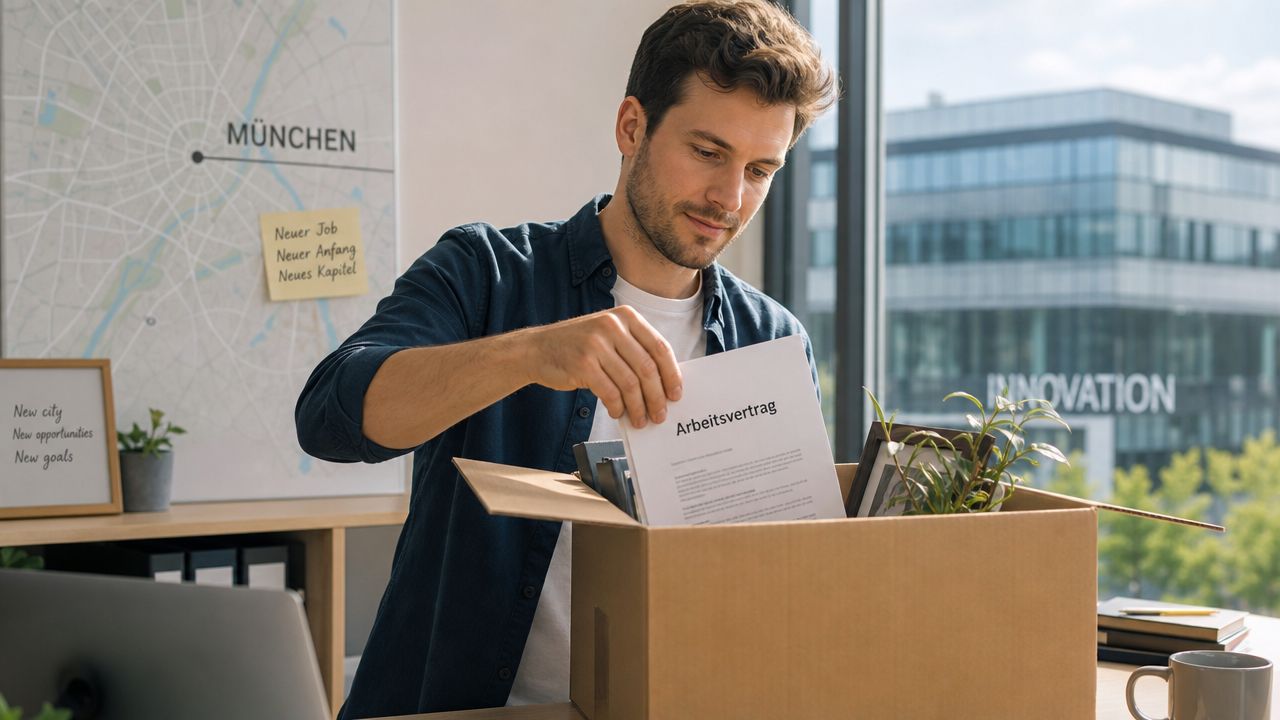 Ein junger Mann packt einen Arbeitsvertrag in einen Umzugskarton für seinen beruflichen Neuanfang in einer neuen Stadt.