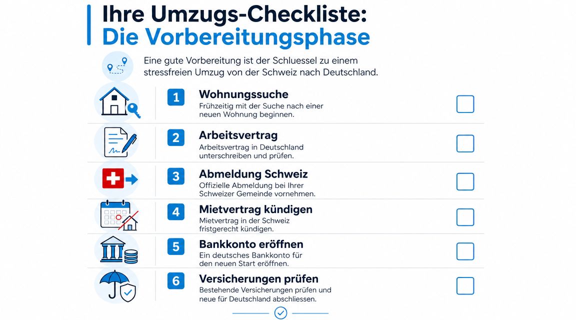 Eine strukturierte Checkliste für den stressfreien Umzug von der Schweiz nach Deutschland mit sechs wichtigen Vorbereitungsschritten.