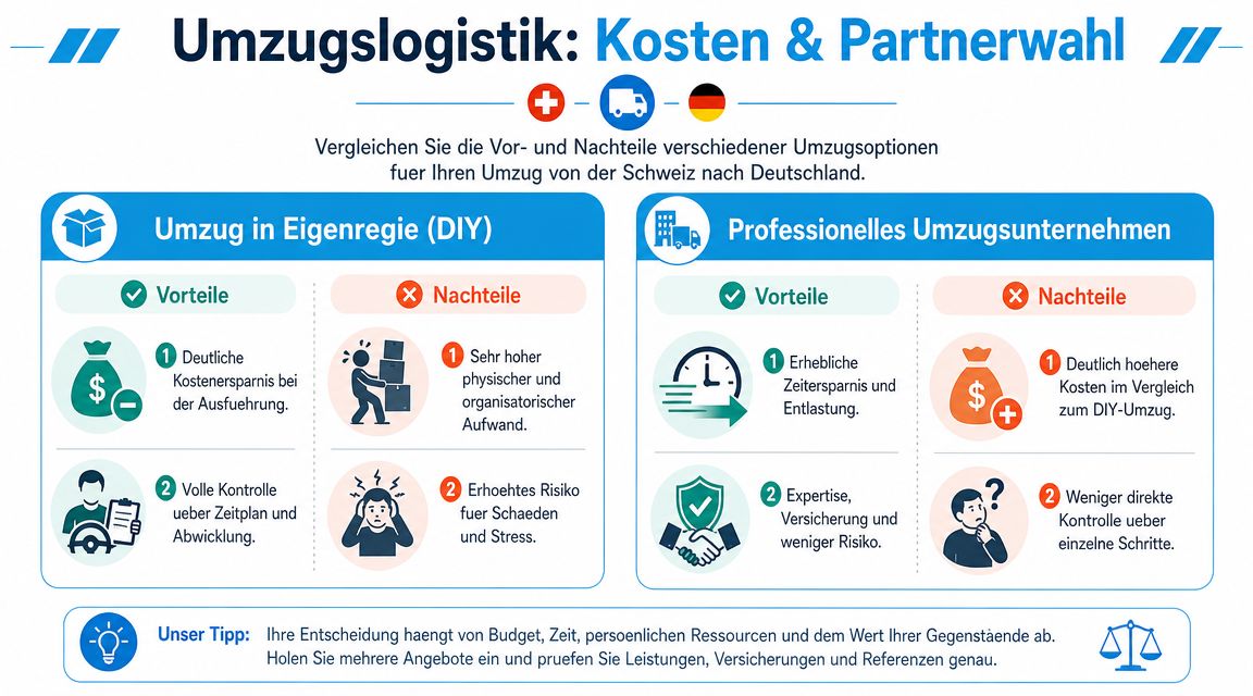 Vergleich zwischen privatem Umzug und professionellem Umzugsunternehmen bei einem Umzug von der Schweiz nach Deutschland.