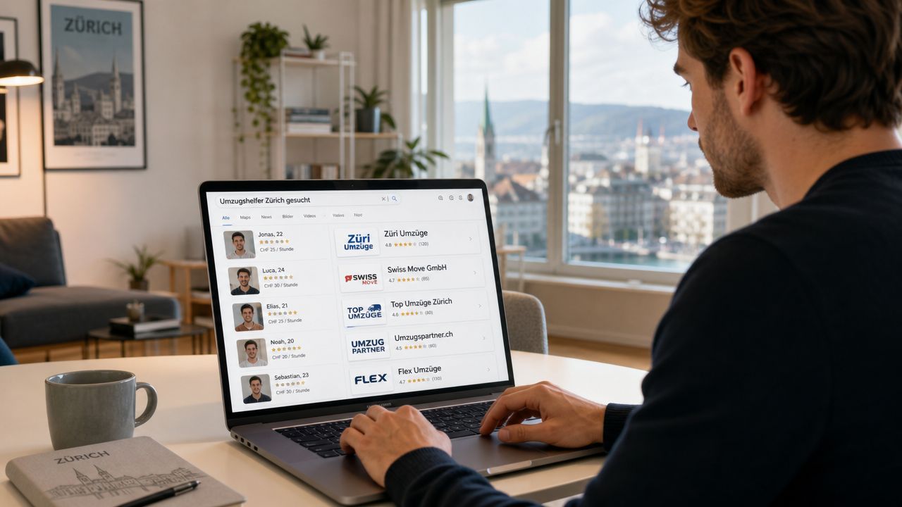 Ein Mann sucht vor einem hellen Fenster auf einem Laptop online nach Umzugshelfern in Zürich.