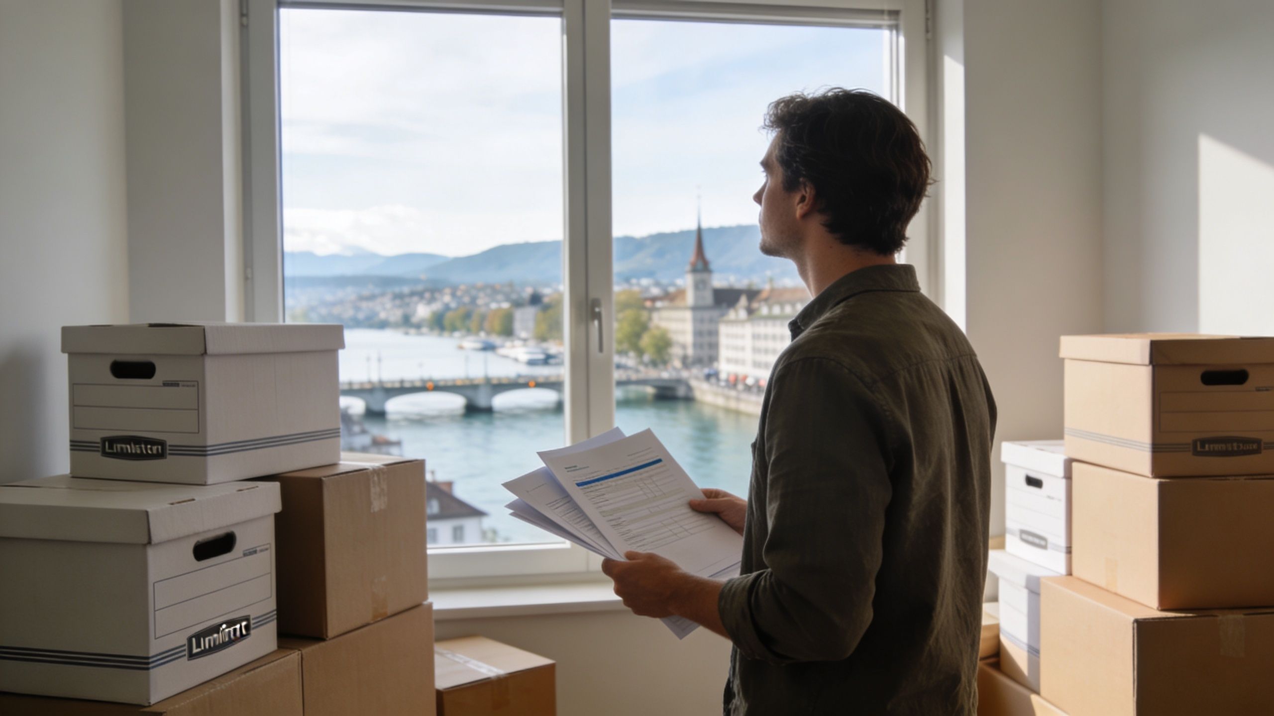 Ein Mann mit Dokumenten steht vor einem Fenster mit Blick auf die Zürcher Altstadt und Umzugskartons.