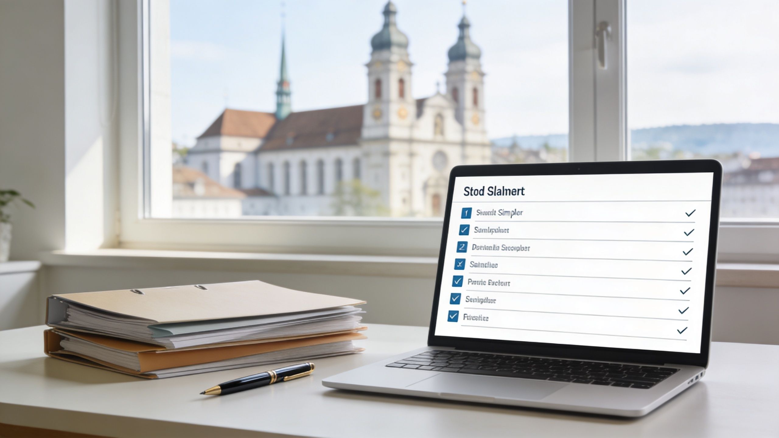 Ein Laptop mit einer Aufgabenliste auf dem Bildschirm vor einem Fenster mit Blick auf St. Gallen.