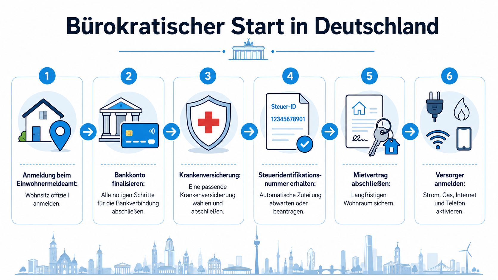 Eine Infografik mit sechs Schritten für die bürokratische Anmeldung und Erledigung notwendiger Aufgaben beim Umzug nach Deutschland.