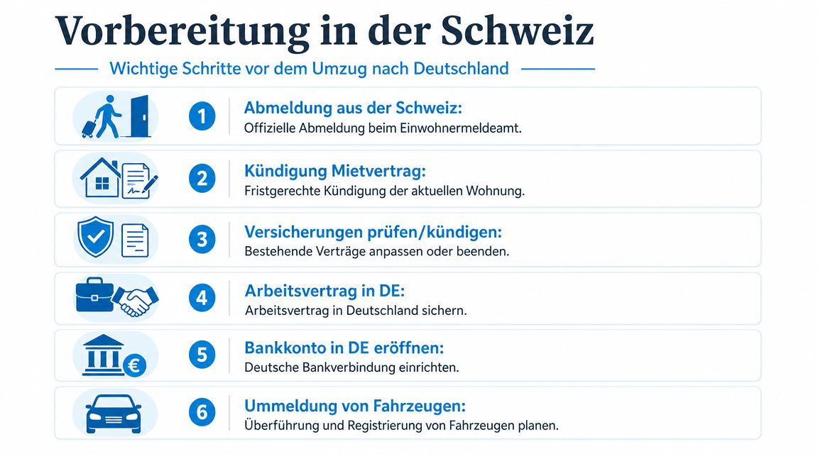 Eine Infografik, die sechs wichtige Schritte zur Vorbereitung eines Umzugs aus der Schweiz nach Deutschland darstellt.