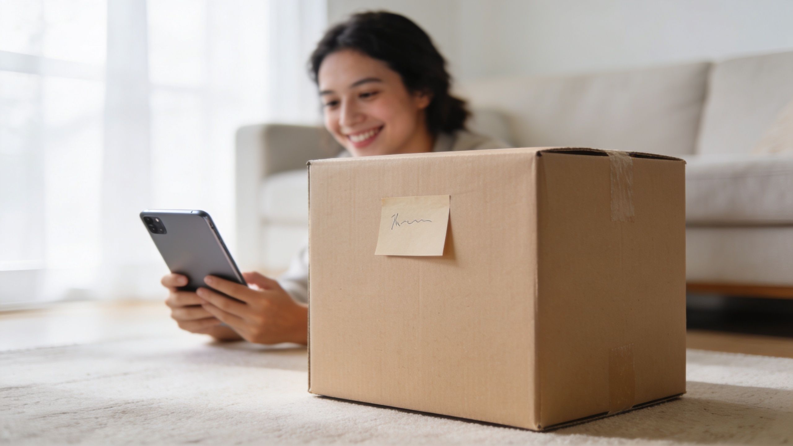 Eine junge Frau lächelt zufrieden auf dem Boden sitzend mit einem Paket und ihrem Smartphone in der Hand.