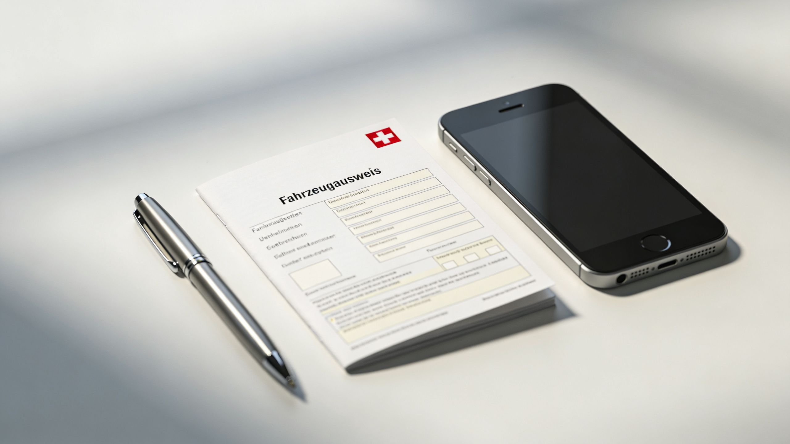 Ein Schweizer Fahrzeugausweis liegt neben einem silbernen Kugelschreiber und einem Smartphone auf einem hellen Untergrund.