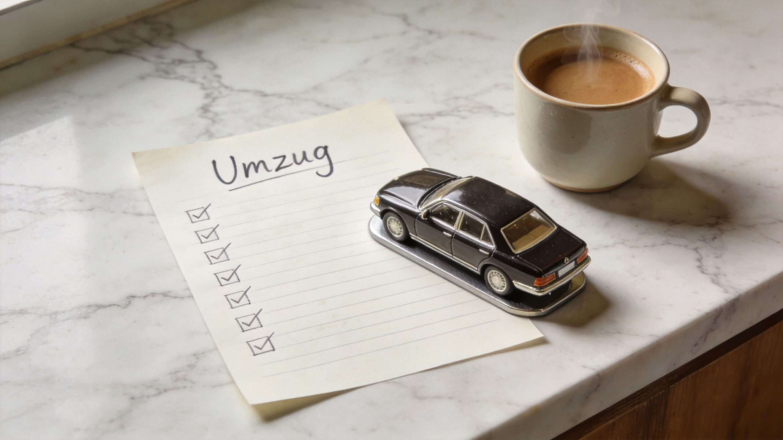 Ein Zettel mit der Aufschrift Umzug liegt neben einem Spielzeugauto und einer Tasse Kaffee auf einem Tisch.