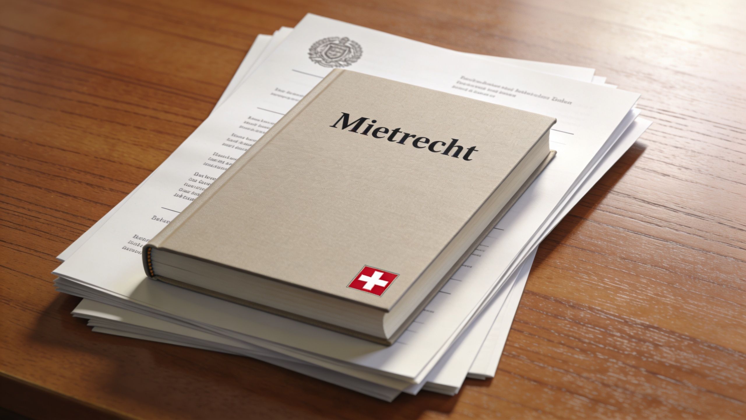 Ein Lehrbuch über Mietrecht mit der Schweizer Flagge auf einer Unterlage mit Dokumenten auf einem Holztisch.
