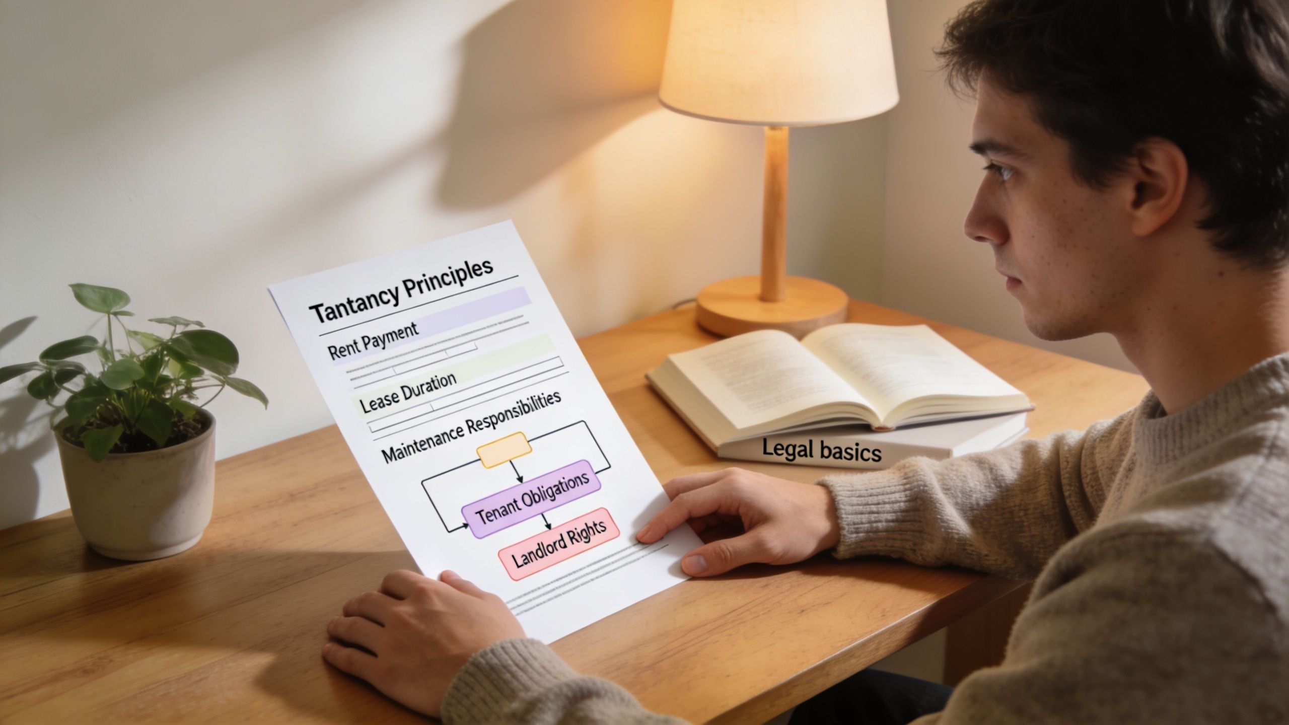 Ein junger Mann studiert aufmerksam ein Dokument mit dem Titel Mietgrundsätze an einem Schreibtisch mit einer Lampe.