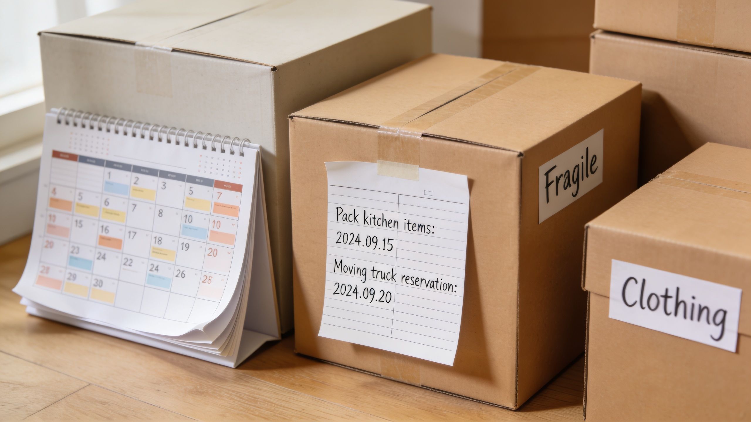 Umzugskartons mit Beschriftung, einem Notizzettel und einem Kalender auf einem Holzboden in einer Wohnung.