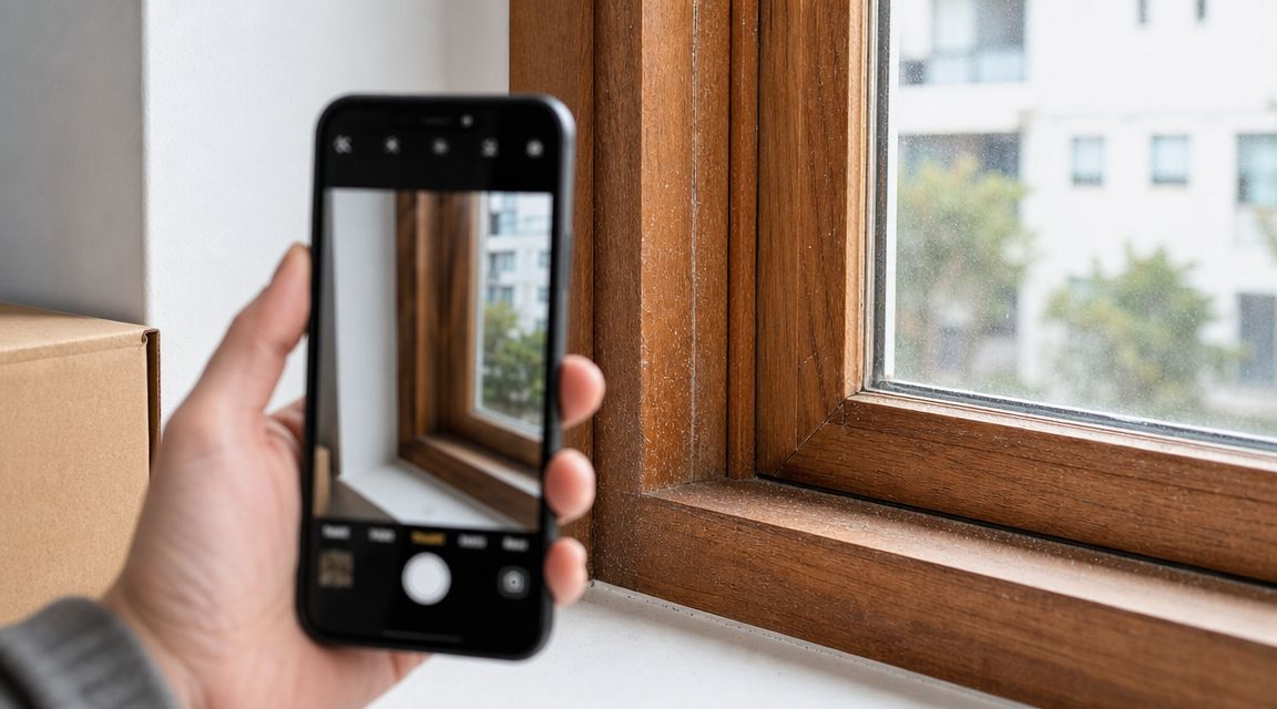 Eine Hand hält ein Smartphone, das ein Foto von einem Holzfenster mit Blick nach draußen aufnimmt.