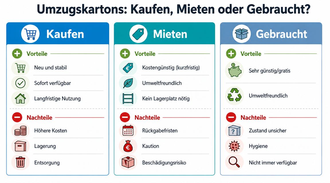 Eine Infografik, die die Vor- und Nachteile von Kaufen, Mieten und Gebraucht-Kaufen von Umzugskartons vergleicht.
