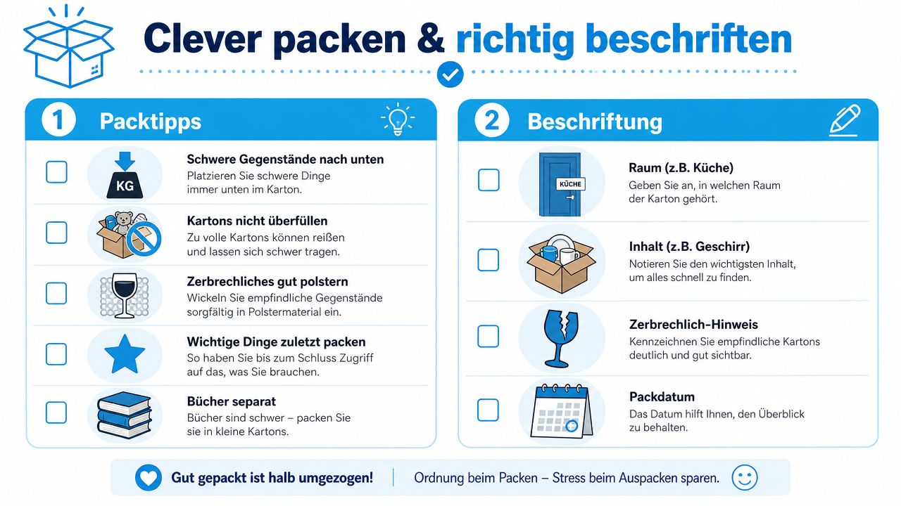 Eine Infografik mit Tipps zum richtigen Packen und Beschriften von Umzugskartons für einen stressfreien Umzug.