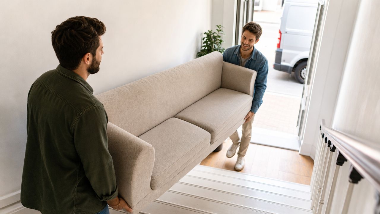 Zwei Männer tragen ein helles Sofa in ein neues Zuhause, während sie die Treppe hinaufgehen.
