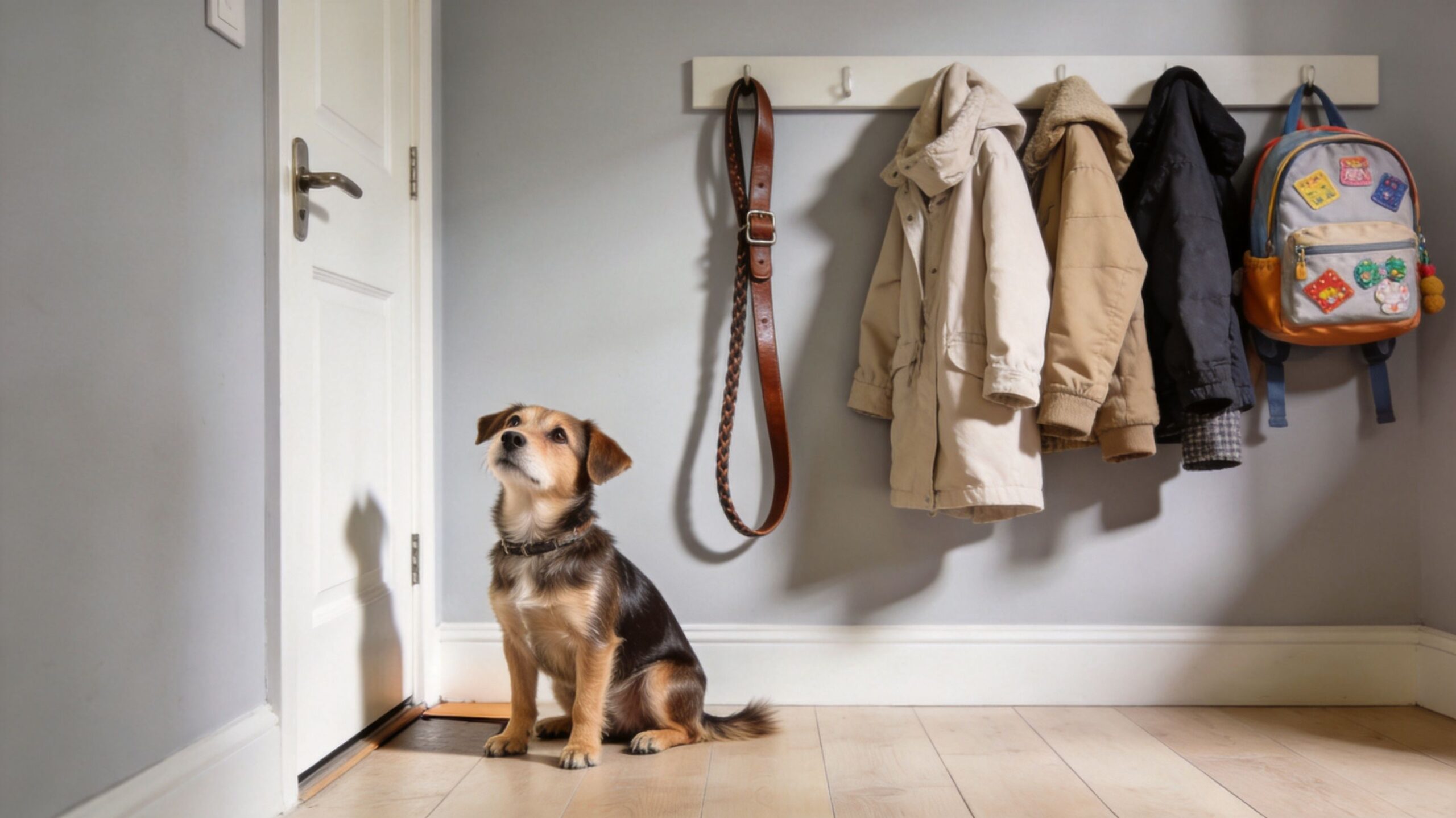Ein braun-schwarzer Mischlingshund sitzt geduldig vor einer geschlossenen Tür und wartet auf seinen täglichen Spaziergang.