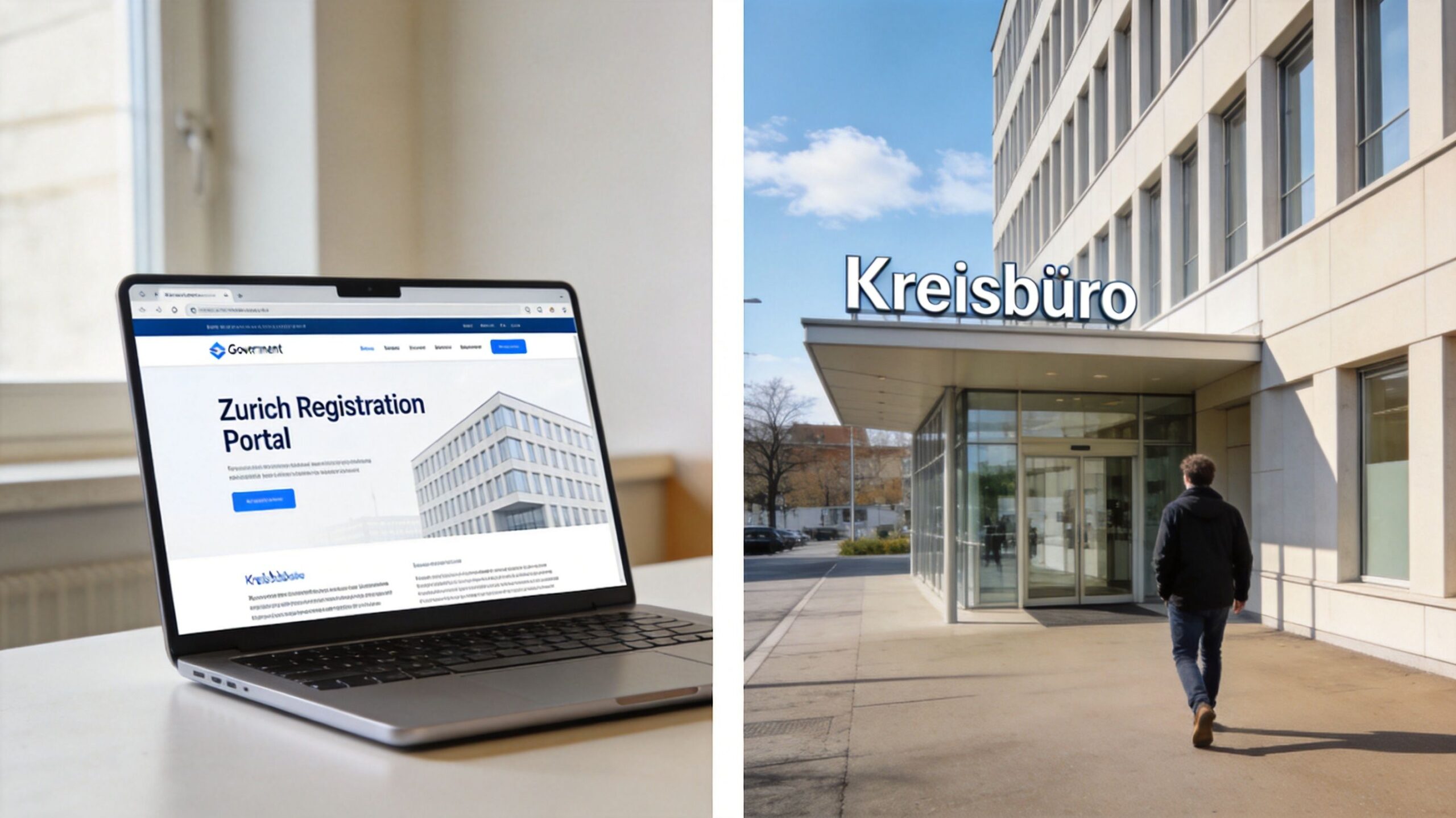 Ein Laptop zeigt das städtische Anmeldeportal für Zürich neben einem Foto des Kreisbüro Gebäudes in der Schweiz.
