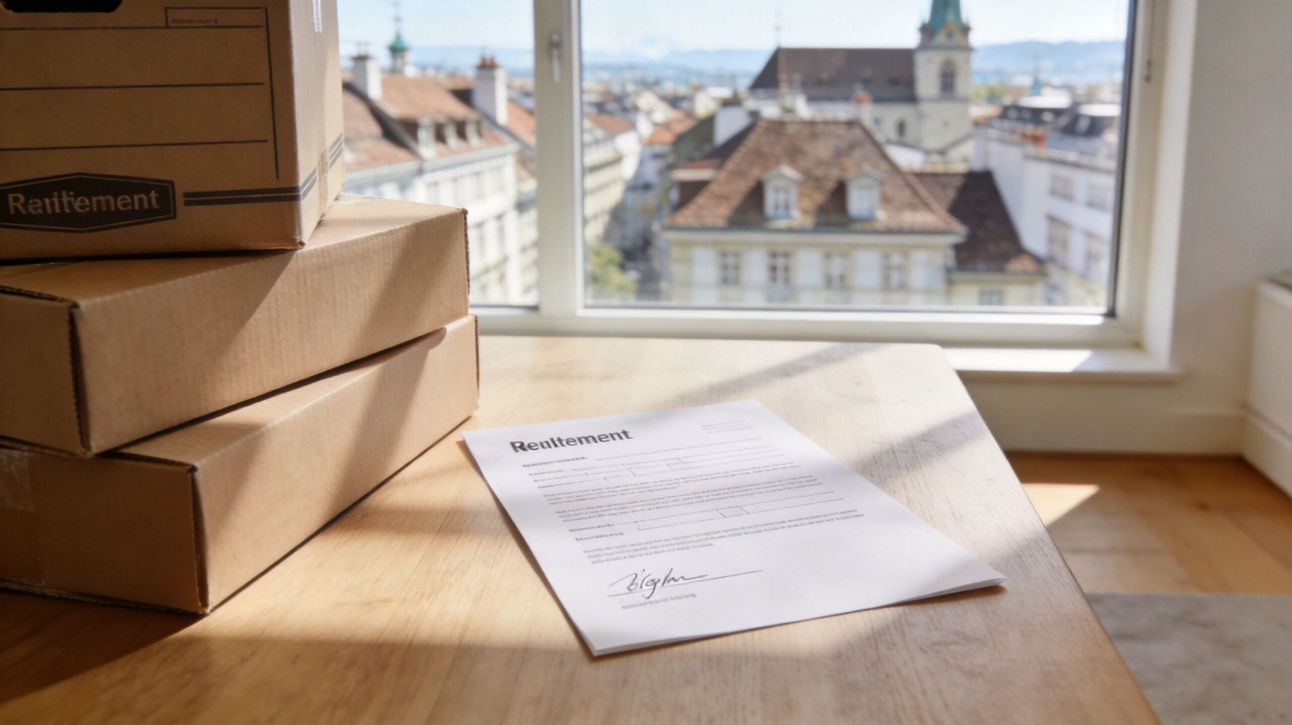 Ein Stapel Umzugskartons und ein Anmeldeformular auf einem Holztisch vor einem Fenster mit Blick auf Zürich.
