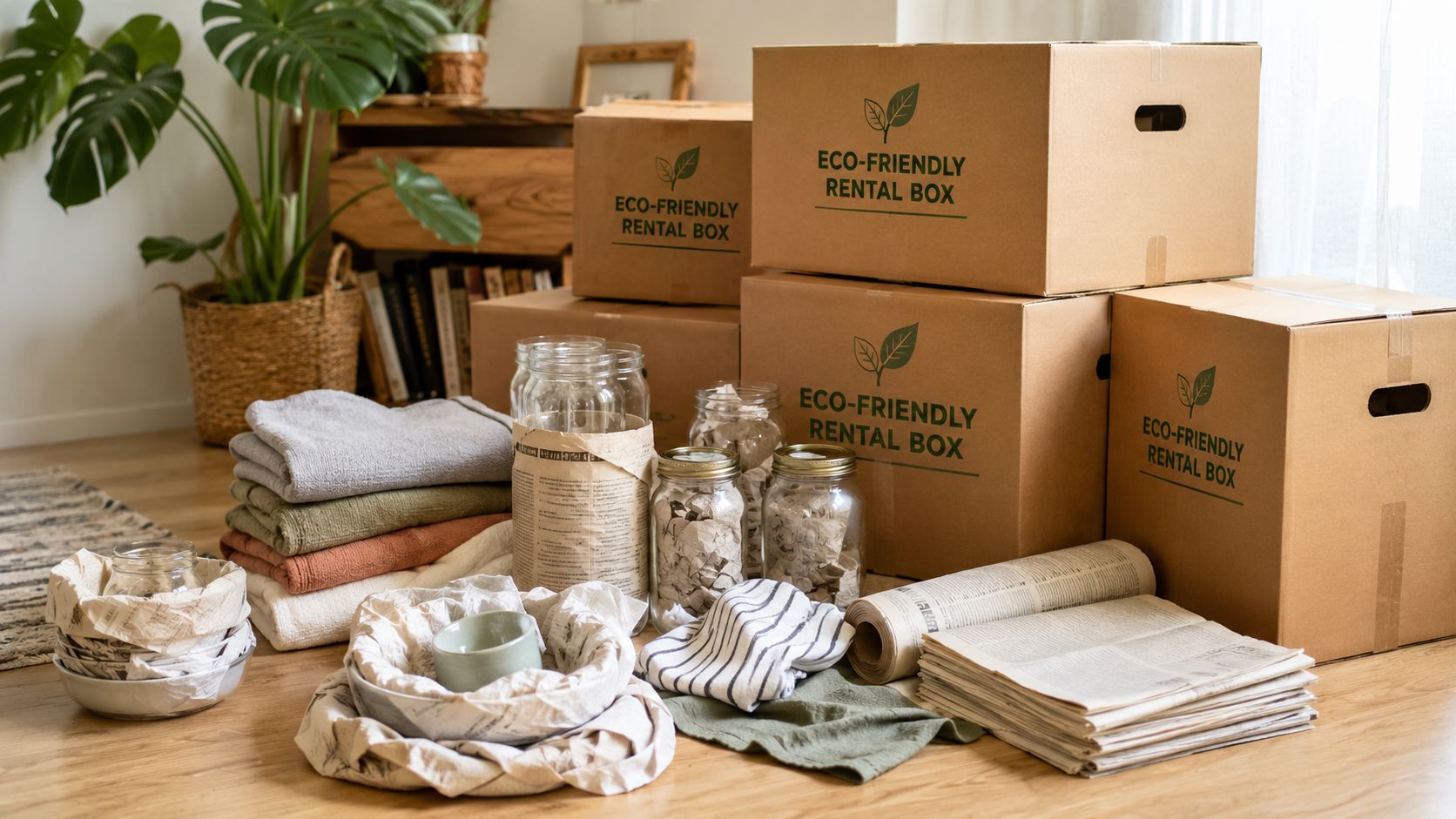 Umweltfreundliche Pappkartons und nachhaltiges Verpackungsmaterial zum sicheren Verstauen von Haushaltsgegenständen bei einem Umzug oder zur Einlagerung.