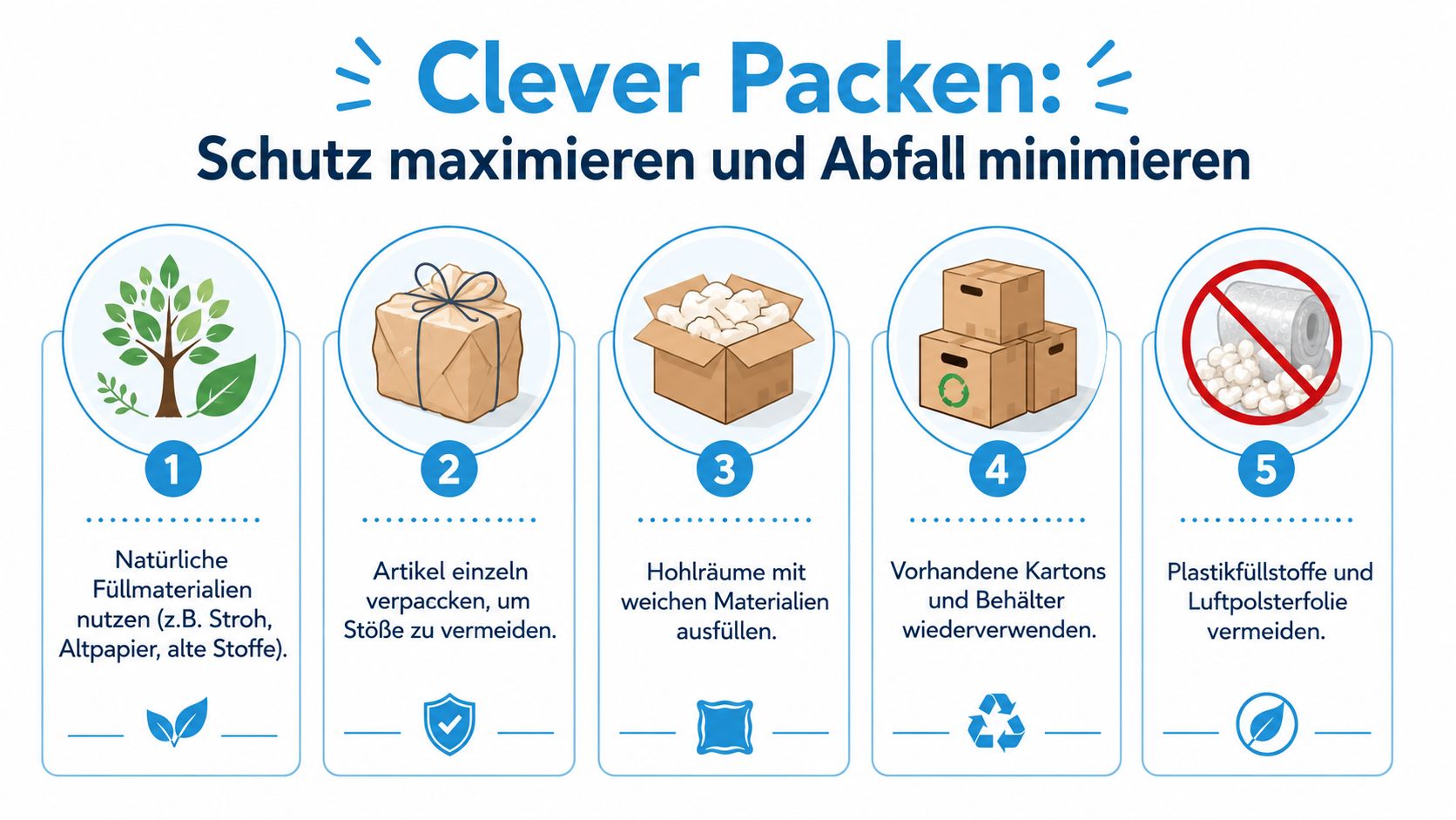 Infografik mit fünf Tipps für nachhaltiges und umweltfreundliches Verpacken von Paketen zur Abfallvermeidung.