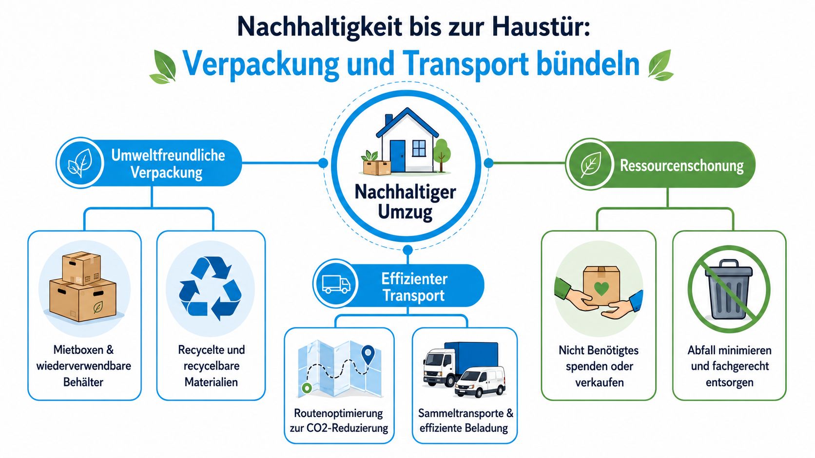 Infografik zum nachhaltigen Umzug mit Tipps zu umweltfreundlicher Verpackung, Ressourcenschonung und effizientem Transport zur CO2-Reduzierung.