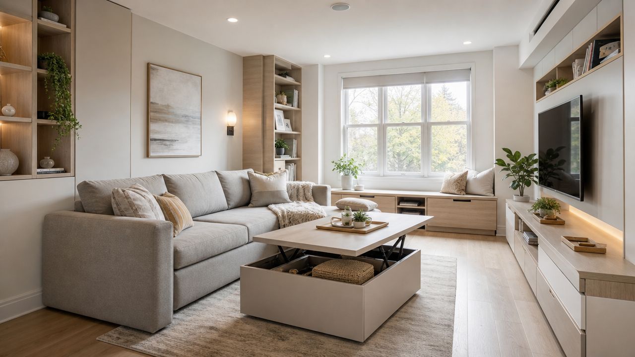 Ein helles, modernes Wohnzimmer mit einem beigen Sofa, Couchtisch mit Stauraum und eingebauten Regalen in neutralen Farben.