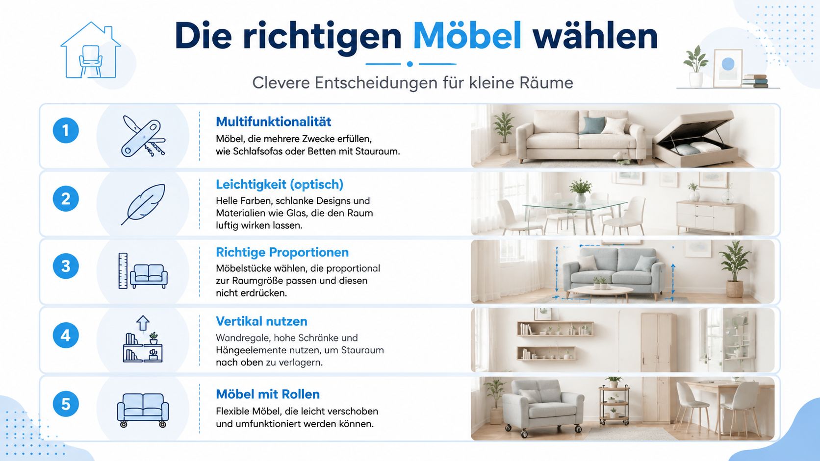 Eine Infografik mit fünf Tipps zur Auswahl der richtigen Möbel für die Einrichtung kleiner Wohnräume.