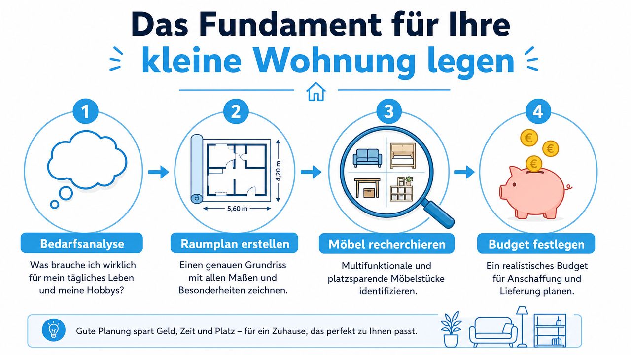 Eine Infografik mit vier Schritten zur Planung und Einrichtung einer kleinen Wohnung, von der Bedarfsanalyse bis zum Budget.