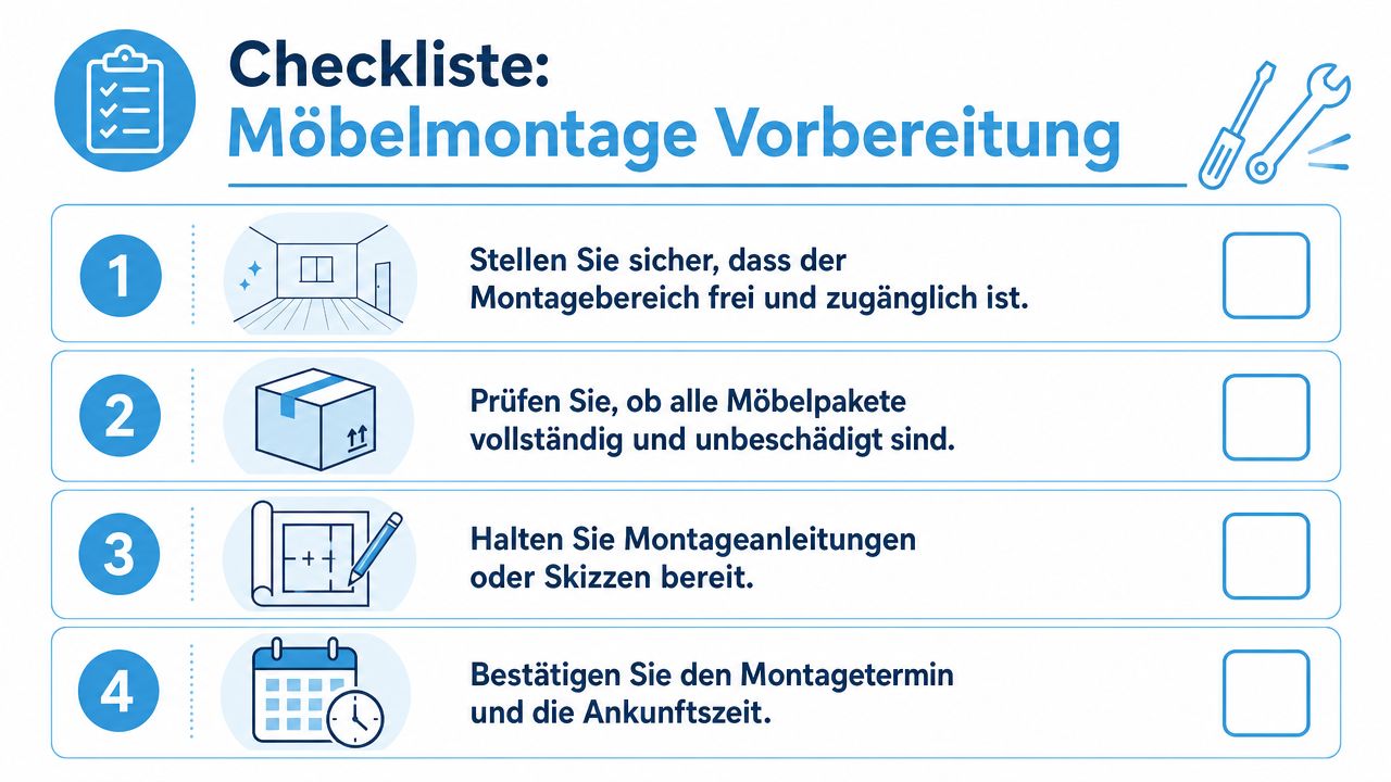 Eine Checkliste für die Vorbereitung einer Möbelmontage mit vier wichtigen Schritten für einen reibungslosen Ablauf.