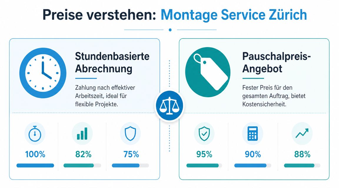 Vergleich der Preismodelle für Montage Service Zürich zwischen stundenbasierter Abrechnung und einem festen Pauschalpreis-Angebot.
