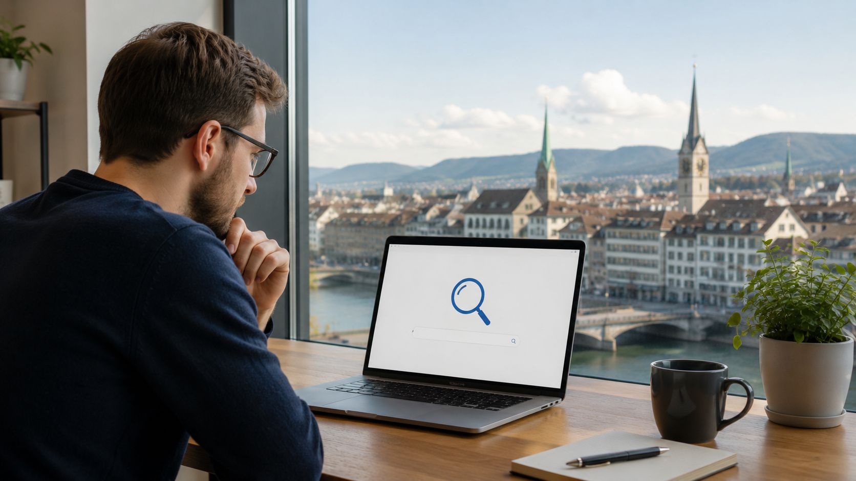 Ein junger Mann sitzt vor seinem Laptop mit Blick auf die Stadt Zürich und recherchiert online.