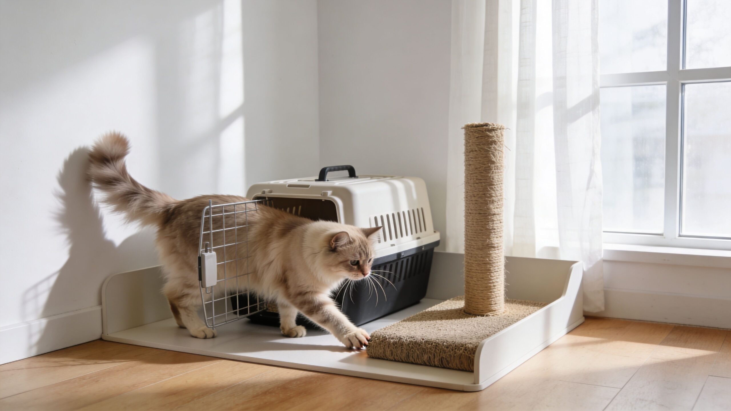 Eine flauschige Katze tritt vorsichtig aus einer Transportbox auf einem Kratzbrett in einem hellen Zimmer heraus.