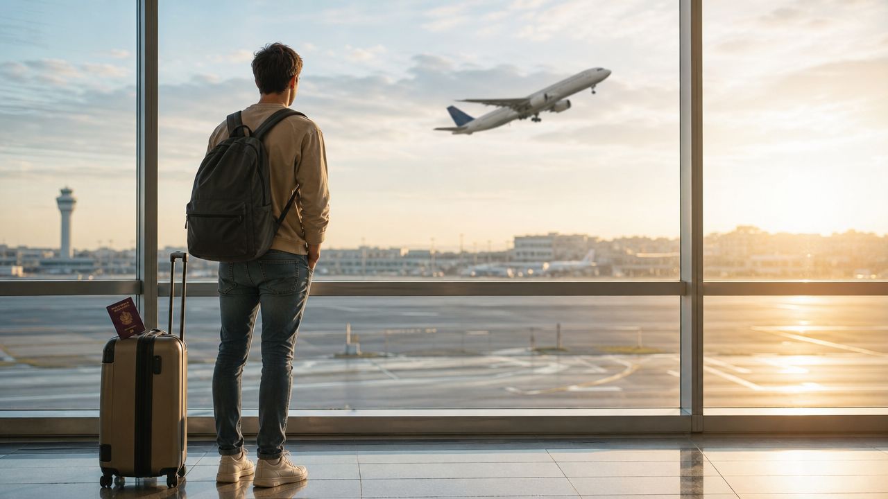 Ein junger Mann mit Rucksack und Koffer schaut an einem Flughafen aus dem Fenster startenden Flugzeugen zu.